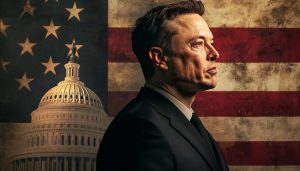 A side profile image of Elon Musk with an Image of the US Capitol behind him and an American flag in the background