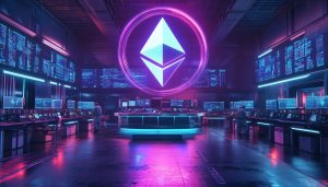 A futuristic stock exchange trading floor with holographic displays showing Ethereum and cryptocurrency charts, traders analyzing data on sleek transparent screens, neon lights illuminating the space, and a large Ethereum logo hovering in the center