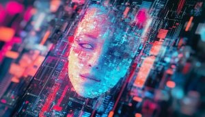 A futuristic smartphone display showcasing a vibrant, AI-generated profile picture, with a colorful abstract background and a stylized user interface, digital art, 4K, trending on Artstation