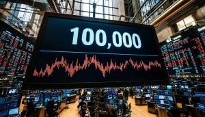 A huge monitor on a trading floor has "100,000" written on it. A chart representing the price of Bitcoin edges ever closer to the mark