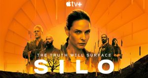 Key art for Silo. an orange background with several characters' headshots in the center of the screen. Silo season 2 release date: when Apple TV+’s hit show is out and episode schedule