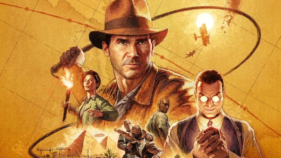 Hero art for Indiana Jones and the Great Circle, with several characters features on a yellowish background.