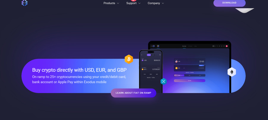 Exodus’ on-ramp crypto purchase service lets you buy over 25 popular coins hassle-free.