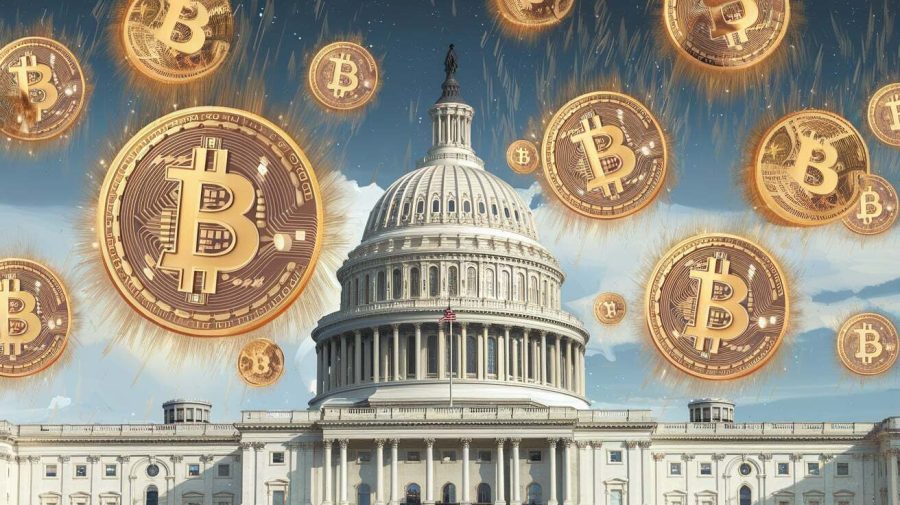 An artistic stylised image of the US Capitol building with a Bitcoin symbol raining down in the foreground. The Bitcoin symbols are made of gold and have a glowing effect. The background is clear, with a few clouds in the sky.