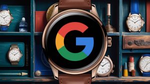 An illustration of a Google logo on a watch face. The watch has a leather strap and a gold case. The background is a vintage wooden shelf with other watches and items.