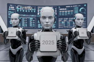 AI robots with human faces holding AI chips with 2025 on the chip. AI predictions for 2025 - what major developments to expect