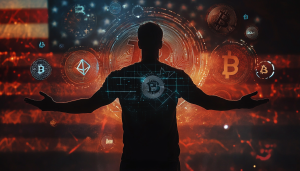 An image of a man with his arms open wide, welcoming crypto symbols all around him, with the American flag incorporated in the background