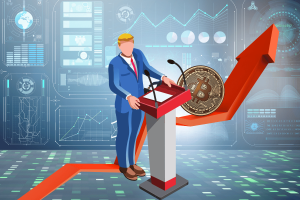 Bitcoin breaks $100,000 barrier, rallying after Trump election and SEC nomination. Cartoon of faceless Trump behind a podium, with Bitcoin and rising arrow in the background