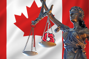 Canada’s top news outlets sue OpenAI over alleged copyright, seeking billions. A statue of Lady Justice holding scales in front of a Canadian flag, with the OpenAI logo in the background, symbolizing a legal battle.