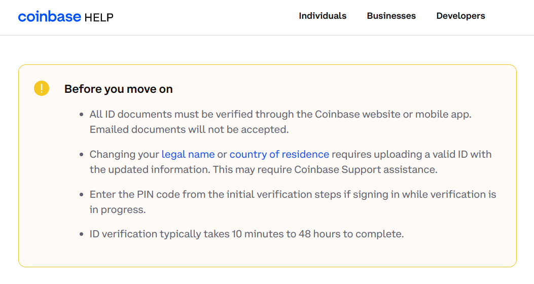 coinbase KYC ID verification time