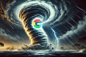 Google DeepMind’s GenCast predicts weather more accurately using AI. AI image of a tornado with the Google logo swirling within it.