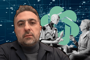 How Microsoft AI is different to OpenAI - from browser integration to companionship. Mustafa Suleyman in front of a black and white image of an AI robot talking to an elderly woman, and a futuristic blue technology background and green OpenAI logo.