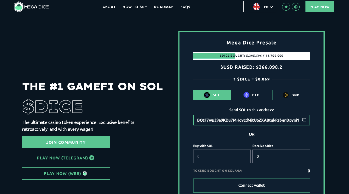 Mega Dice Token Presale Home Page