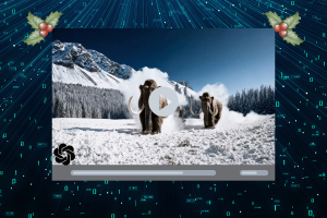 OpenAI’s 'Shipmas' to bring 12 days of new features, which may include Sora AI. A digital mockup of a video player showcasing a scene of woolly mammoths walking through a snowy landscape with mountains and evergreen trees in the background. The video player overlay features the OpenAI logo in the bottom-left corner, surrounded by a festive design with holly leaves and berries, set against a background of glowing binary code and futuristic digital elements.