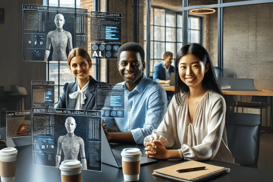 Recruiters find AI use has become rampant in job applications. A diverse group of people in a modern office setting, using artificial intelligence for job applications. You can see them interacting with AI on their laptops in a collaborative environment.