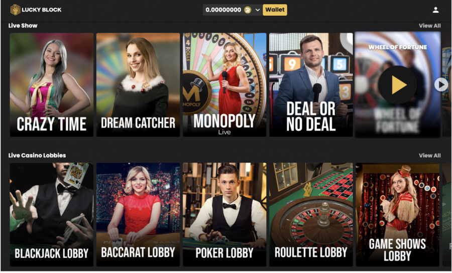 Lucky Block crypto casino games and live casino lobbies