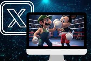 X’s hyperrealistic Grok Aurora image generator briefly goes public. A computer screen displaying a hyperrealistic image of Luigi and Mickey Mouse boxing in a ring, generated by X's Aurora image generator. The background features a digital X logo and binary data streams, representing advanced AI technology.