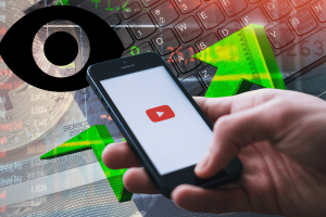 YouTube views surge as crypto investor interest reignites. Hand holding a smartphone displaying the YouTube logo, overlayed with graphics of upward arrows, a digital eye icon, and financial data, symbolizing the surge in crypto-related YouTube views and growing investor interest.