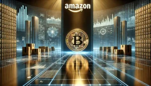 A sleek, futuristic corporate setting featuring a giant stylized Amazon warehouse logo subtly integrated into a digital landscape, with a prominent, glowing Bitcoin symbol floating in the foreground. The scene should convey the concept of investment and emerging financial strategies without depicting any human figures.