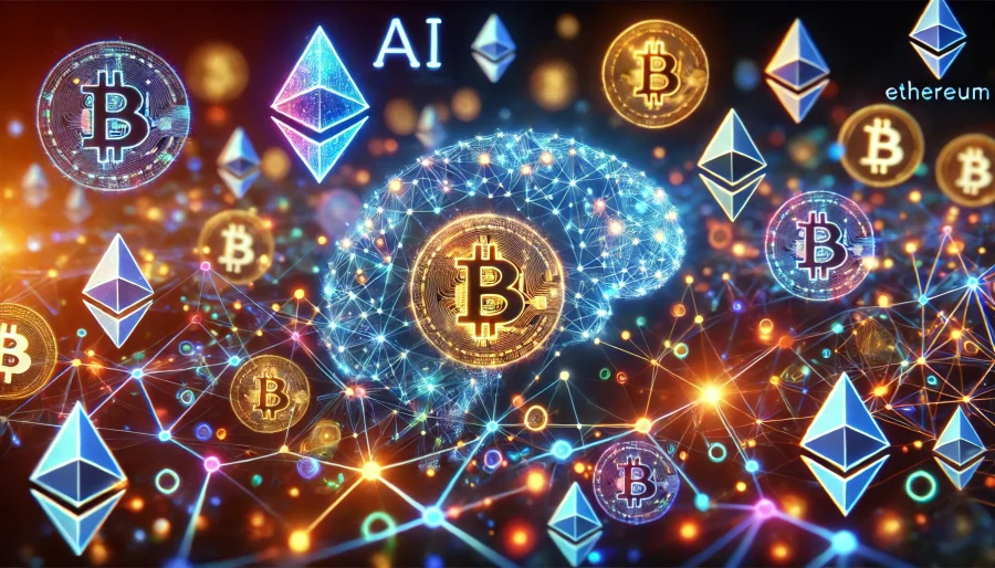 Abstract network of glowing nodes and connections representing AI and blockchain, with floating cryptocurrency symbols in the background