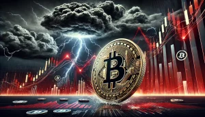 A high-contrast digital illustration of a large Bitcoin coin drifting downward against a dark, stormy financial skyline of graphs and candlesticks. Sharp red trend lines slash across the scene, symbolizing severe liquidations and heightened volatility.