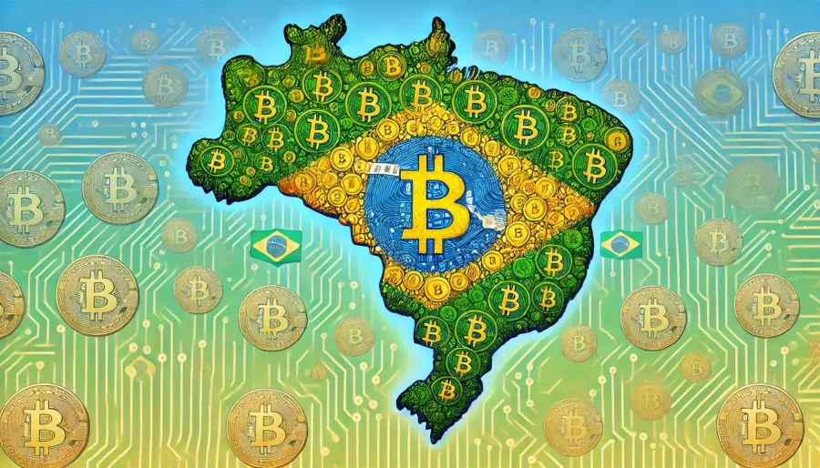 An artistic illustration of Brazil's map filled with repeating Bitcoin symbols, representing the country's integration of Bitcoin into its national reserves.