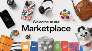 An online selling marketplace app with a variety of products. There's a smartphone case, a pair of headphones, a bag, and a toy. The background is a white board. The text "Welcome to our marketplace" is at the top.