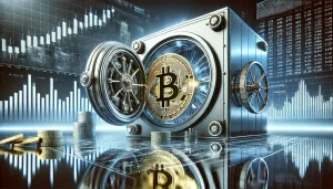 A high-resolution, ultra-detailed digital illustration of a sleek, modern skyscraper symbolizing a global asset management firm. In the foreground, an enormous, gleaming Bitcoin coin is being carefully placed into a futuristic vault. The background features subtle hints of fluctuating market graphs and a digital trading interface, all rendered in a photorealistic, corporate art style.