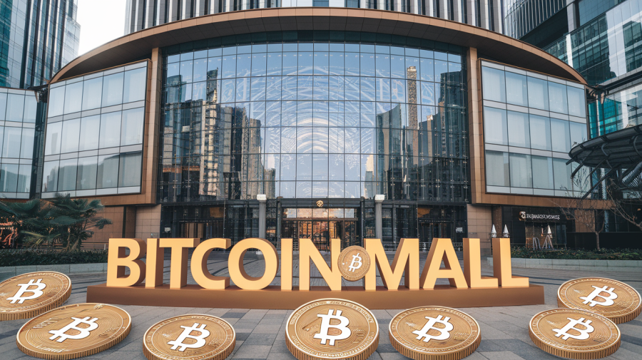 A luxury shopping mall with a large sign reading "Bitcoin Mall". There are cryptocurrency Bitcoin coins scattered outside the mall. The background contains skyscrapers.