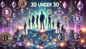 An illustration of silhouettes of young entrepreneurs standing atop a digital blockchain, with cryptocurrency symbols floating around them and a prominent "30 Under 30" title in the background.