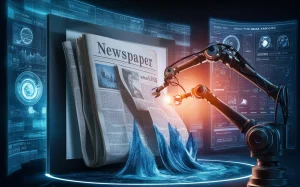 A futuristic and cinematic scene where a classic newspaper is slowly merging with a high-tech AI system. The newspaper is displayed on a large screen, with pages made of digital ink flowing like water. A robotic arm equipped with sensors and cameras gracefully manipulates the data, connecting the paper's content to the AI system. The background is filled with holographic screens displaying real-time news updates and data analysis. The overall tone of the image is dramatic, with a sense of progress and innovation., cinematic